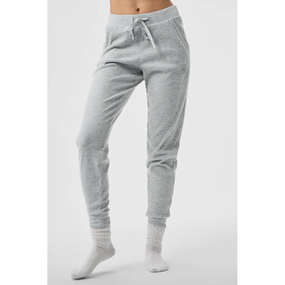 Alo Yoga Muse Ribbed Knit Joggers Heather Gray Drawstring Sweatpants Size Medium